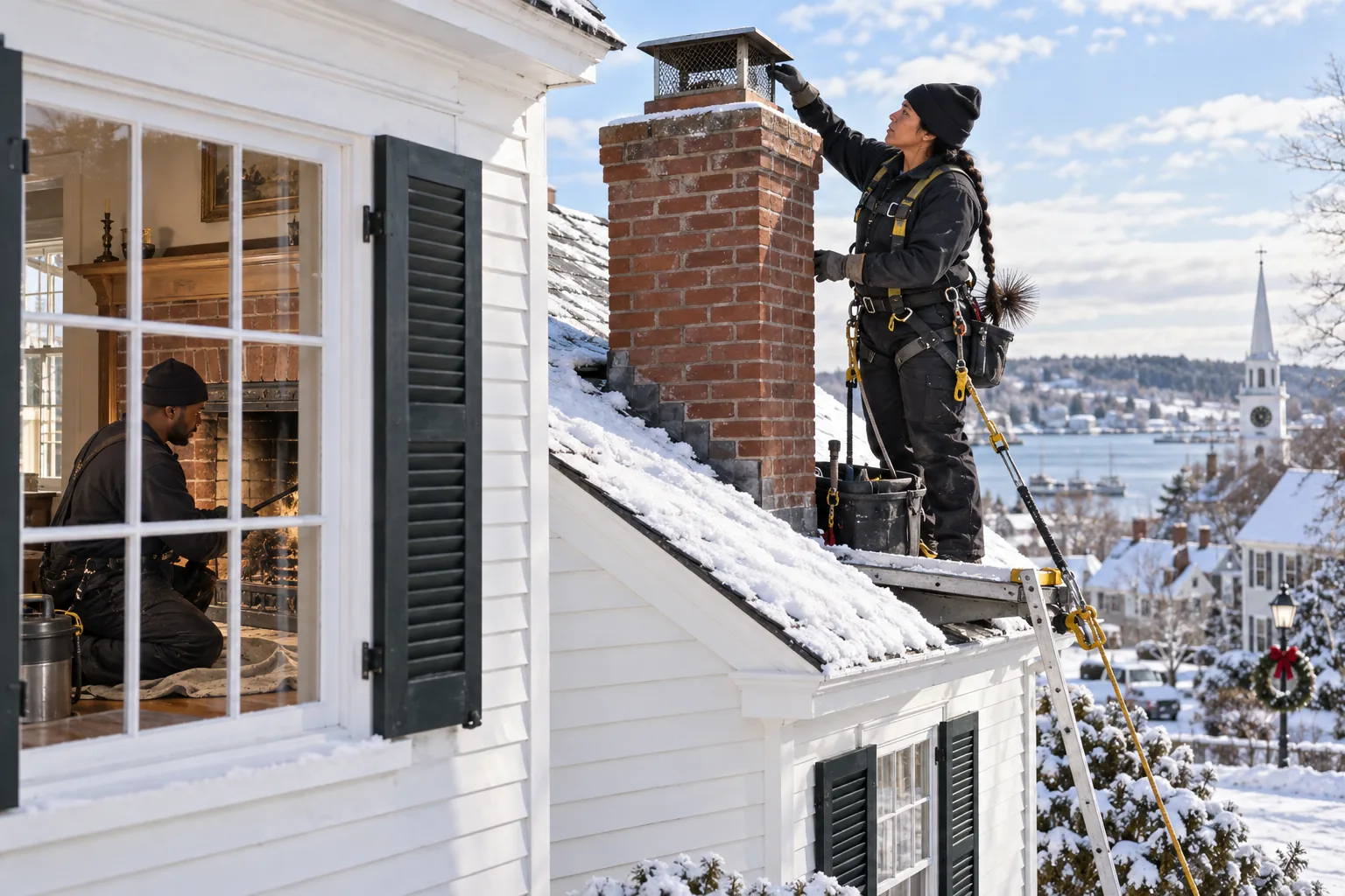 AI editorial illustration of a chimney or fireplace service scene