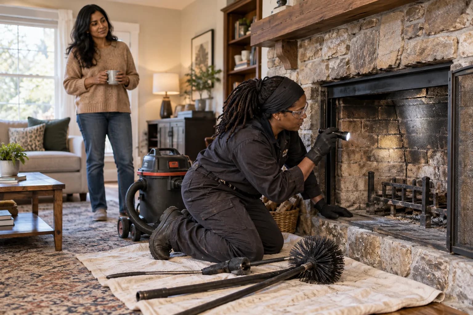 Illustrative chimney and fireplace service scene